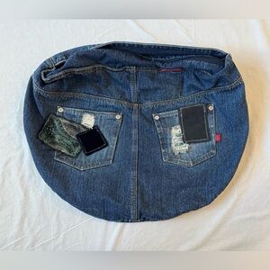 Y2K Hot Kiss Blue Denim Shoulder Bag with Patches and Distressed Details
